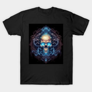 Skull on Blue Fire: Baroque Vintage Ornament Background T-Shirt